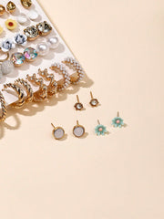 Shein - 30 Pairs/Set Fashionable Alloy Earrings With Rhinestone, Faux Pearl, Resin, Iron, Rose & C Shape Design, Perfect For Women's Daily Wear