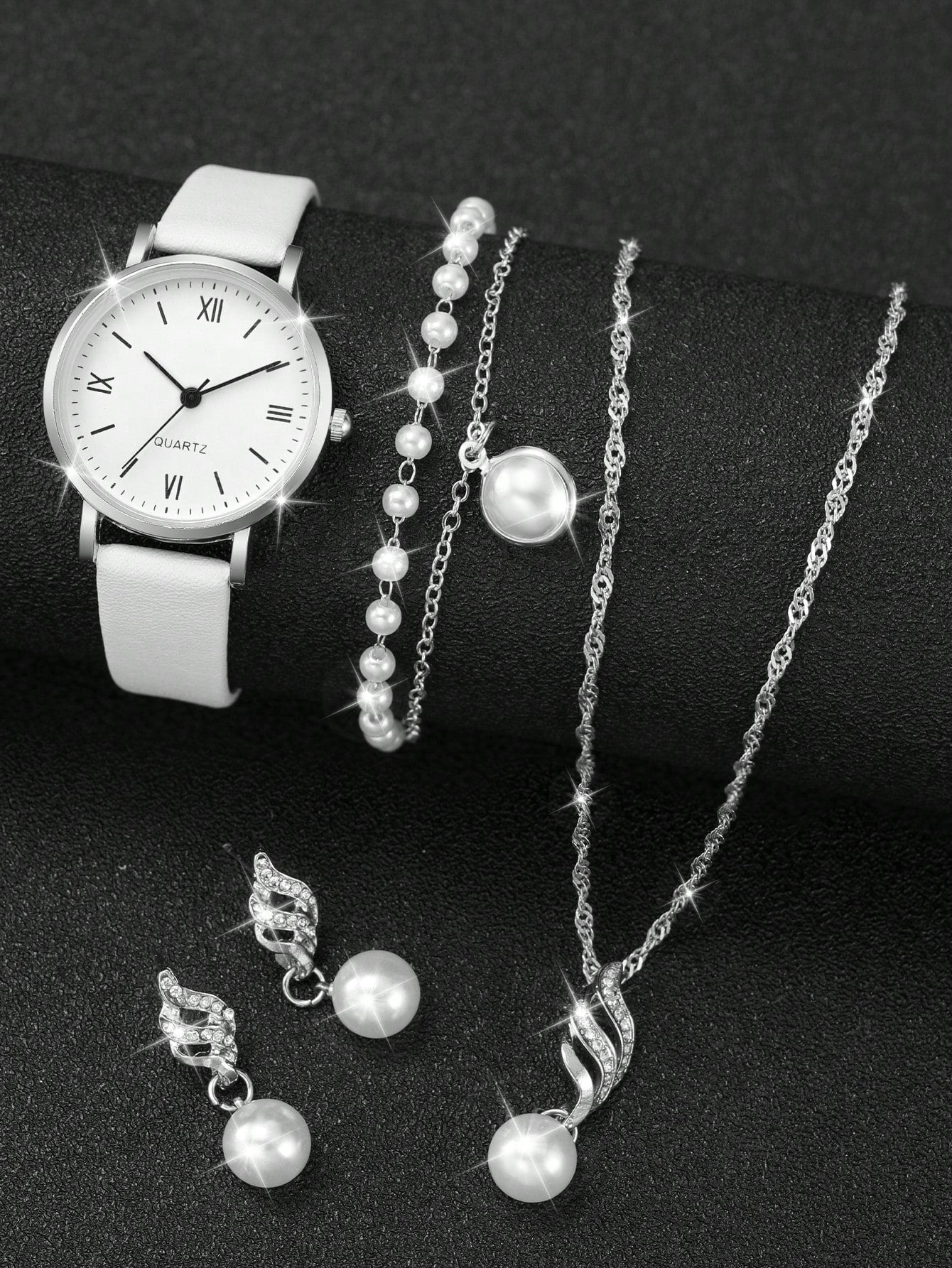 Shein - Ladies' Leather Strap Fashionable Minimalist Numeric Markers Dial Quartz Watch And Jewelry Set (5pcs/set)