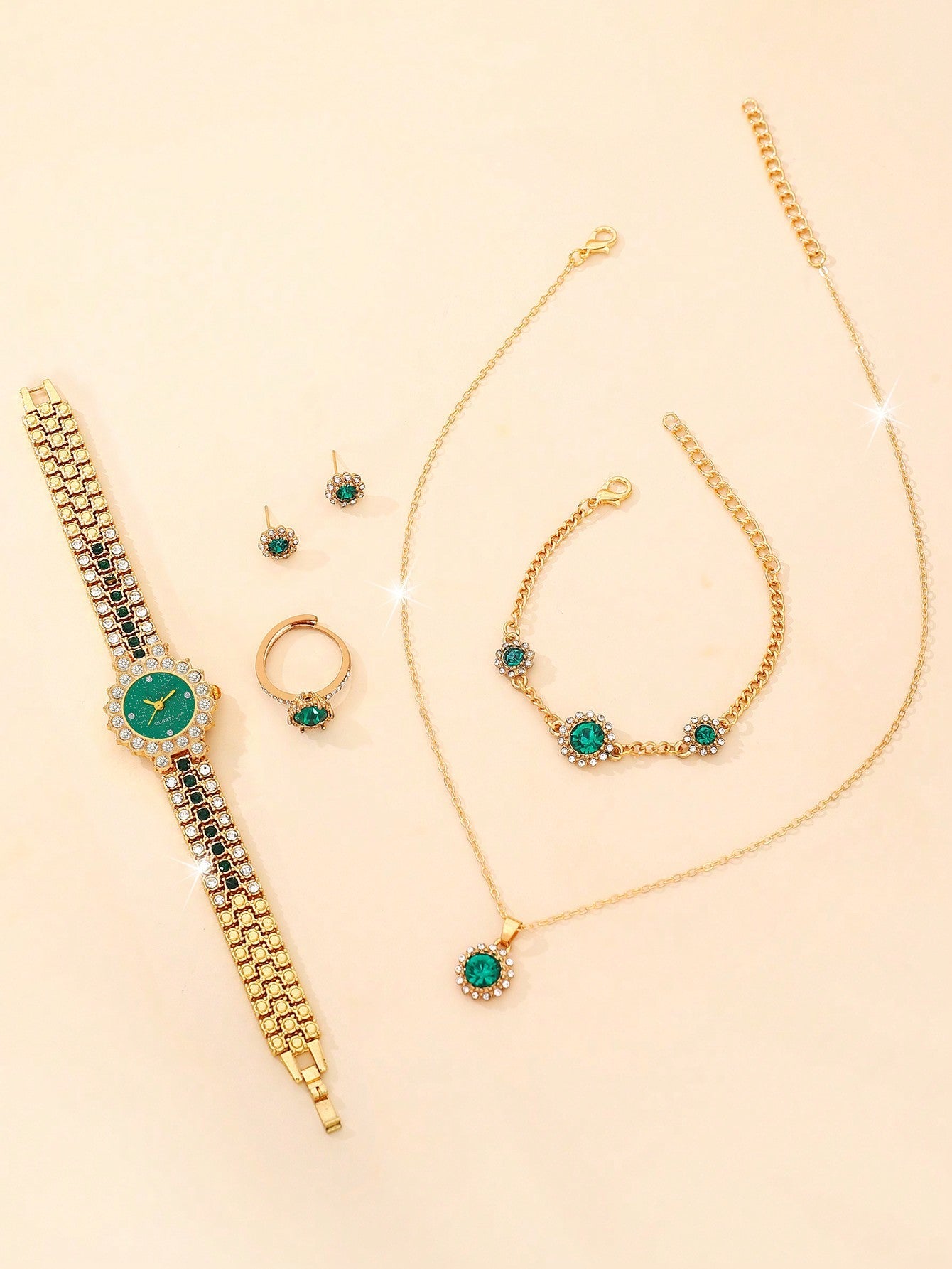 Shein - 6pcs/set Ladies' Green Luxurious Full Rhinestone Quartz Watch And Bracelet Jewelry Set