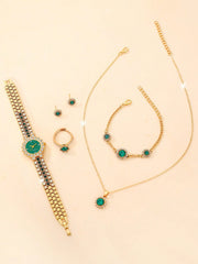 Shein - 6pcs/set Ladies' Green Luxurious Full Rhinestone Quartz Watch And Bracelet Jewelry Set