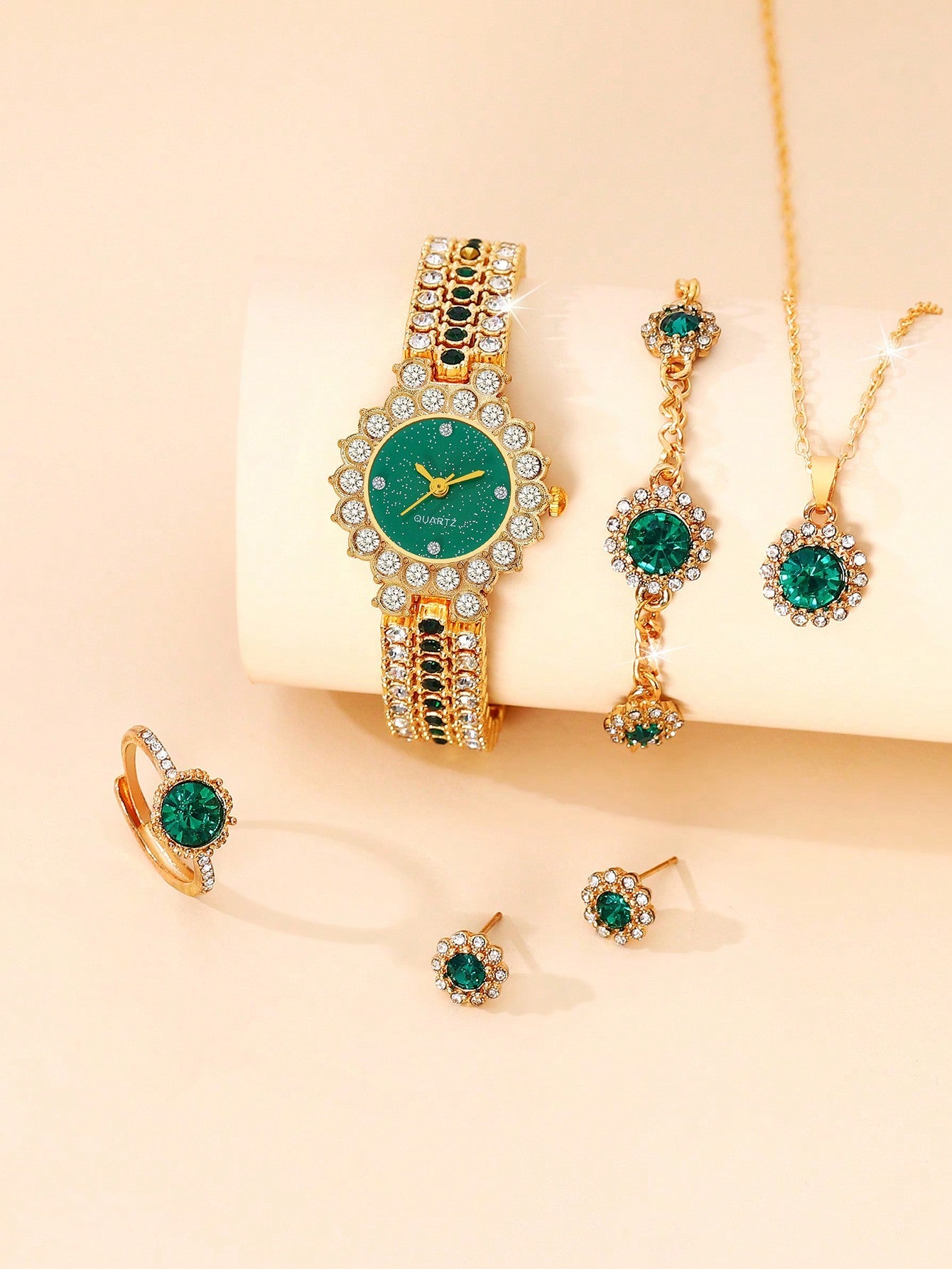 Shein - 1pc Women's Green Dial & Full Rhinestone Decor Stainless Steel Strap Quartz Watch, And 5pcs Green Square Gemstone & Full Rhinestone Decor Jewelry Set