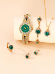 Shein - 6pcs/set Ladies' Green Luxurious Full Rhinestone Quartz Watch And Bracelet Jewelry Set