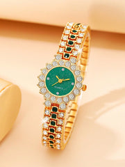 Shein - 6pcs/set Ladies' Green Luxurious Full Rhinestone Quartz Watch And Bracelet Jewelry Set