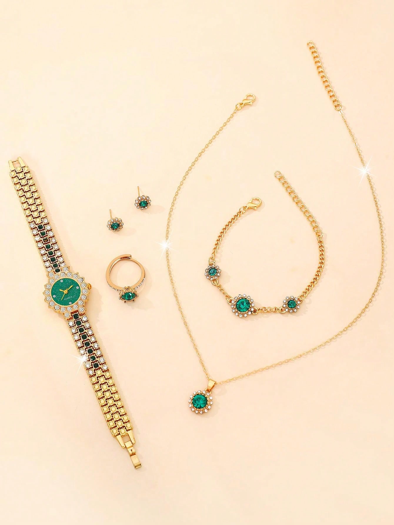 Shein - 6pcs/set Ladies' Green Luxurious Full Rhinestone Quartz Watch And Bracelet Jewelry Set