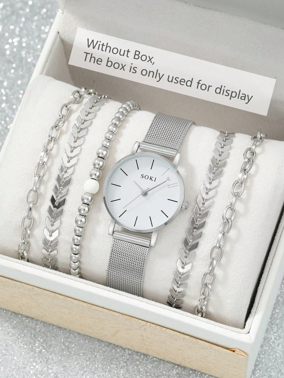 Shein - 1pc Women's Stainless Steel Mesh Strap Quartz Watch With Silver 'love' Dial And 5pcs/set Metal Chain Bracelets