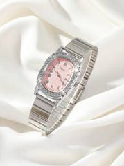 Shein - Disu Women's Stainless Steel Silver Bracelet Classic Fashionable Rhinestone Quartz Watch With Oval Dial. Suitable For Daily Wear Holiday