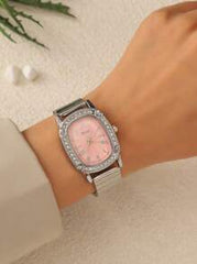 Shein - Disu Women's Stainless Steel Silver Bracelet Classic Fashionable Rhinestone Quartz Watch With Oval Dial. Suitable For Daily Wear Holiday