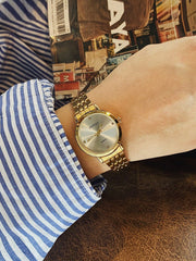 Shein - Latest Korean Style Women's Watch, Gold & White Dial, Waterproof, Stainless Steel Strap, Fashionable & Casual Quartz Wristwatch