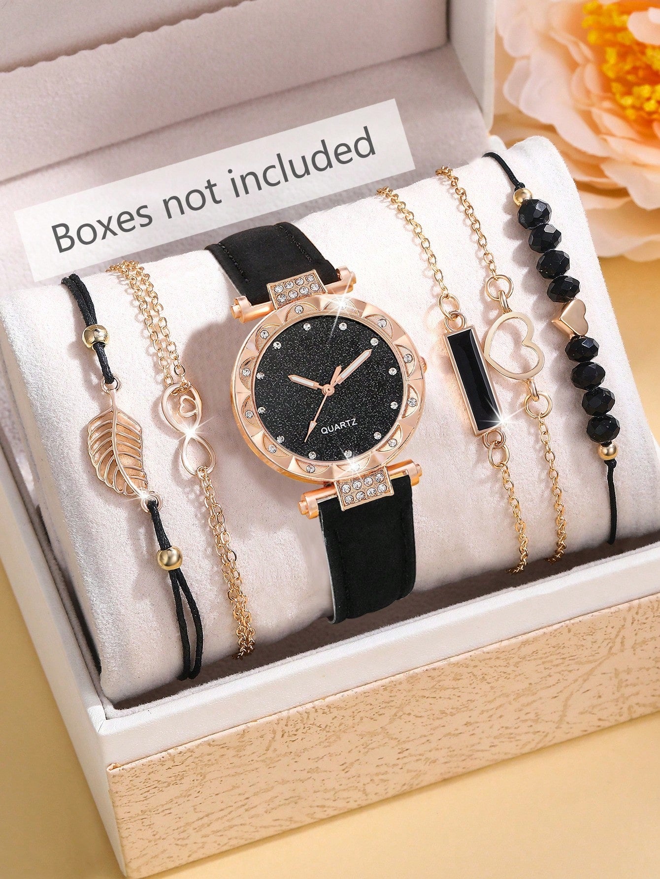 Shein - 1pc Ladies' Simple Quartz Watch With Beige Pu Strap & Butterfly Printed Dial, And 5pcs/set Bracelet Accessory Kit
