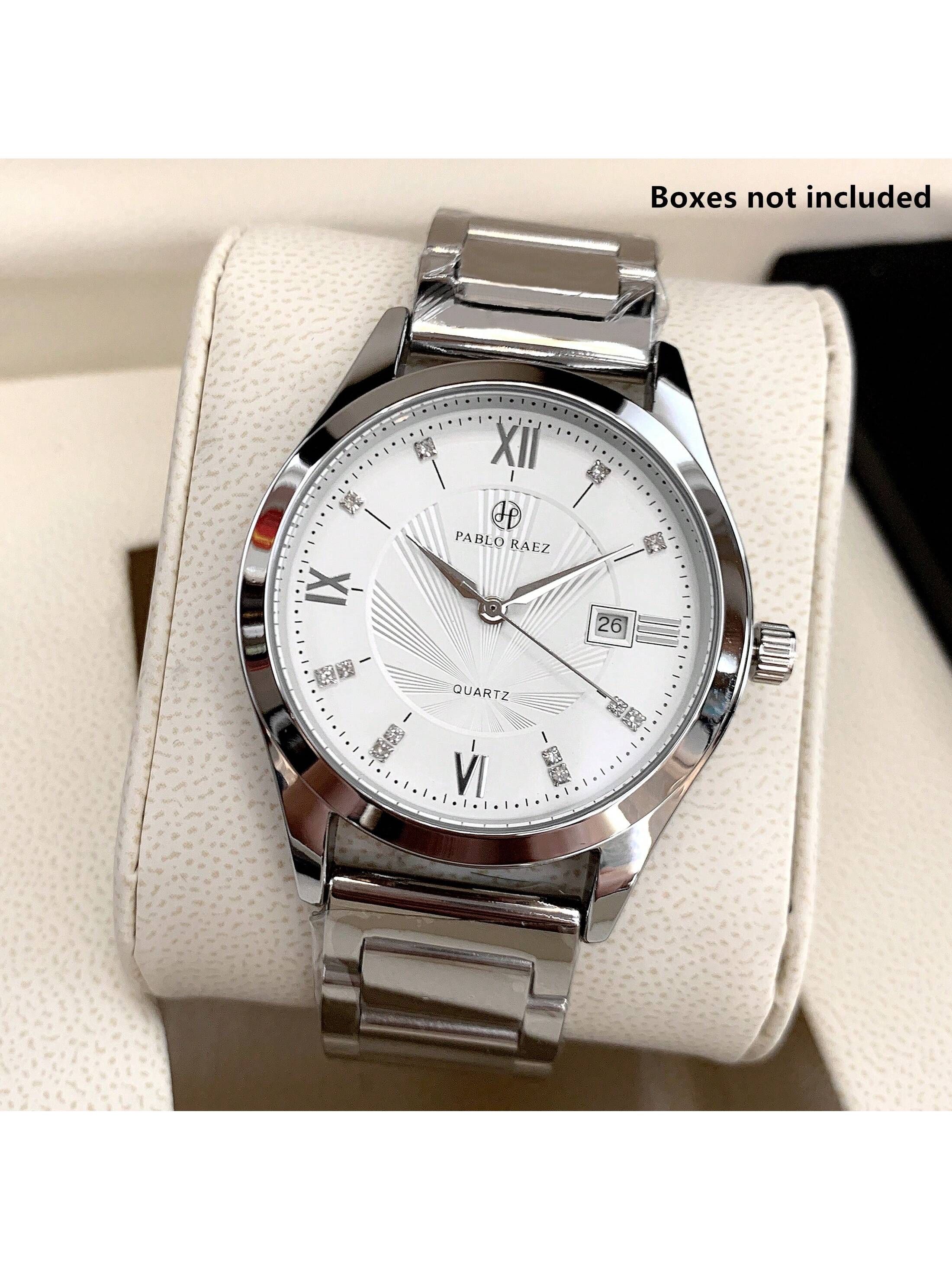 Shein - 1pc Men's Luxurious Style Wristwatch, Silver Stainless Steel Case, White Roman Numeral Dial With Rhinestone Watch