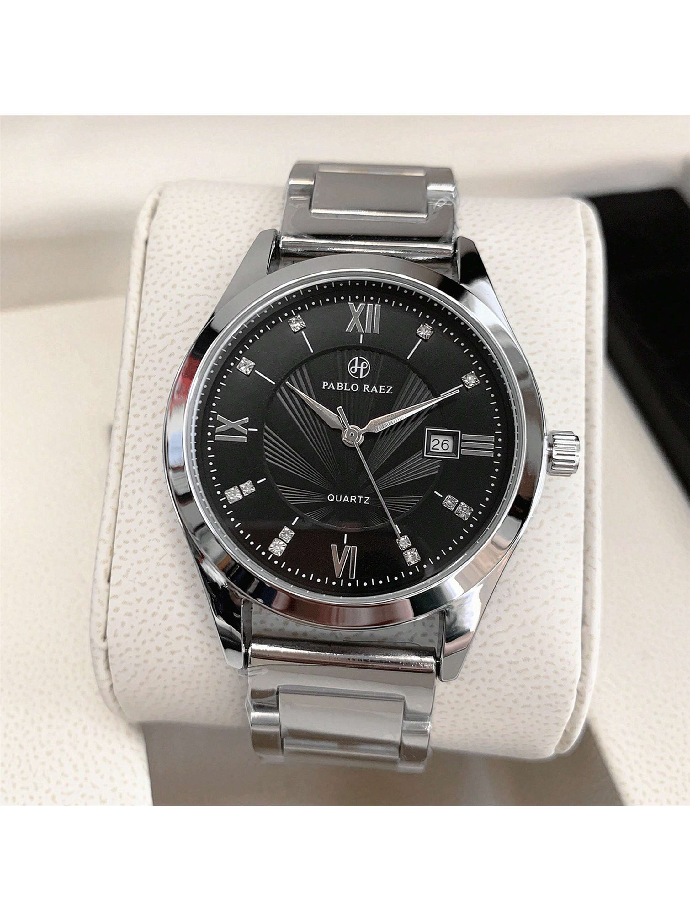 Shein - 1pc Men's Luxurious Style Wristwatch, Silver Stainless Steel Case, White Roman Numeral Dial With Rhinestone Watch