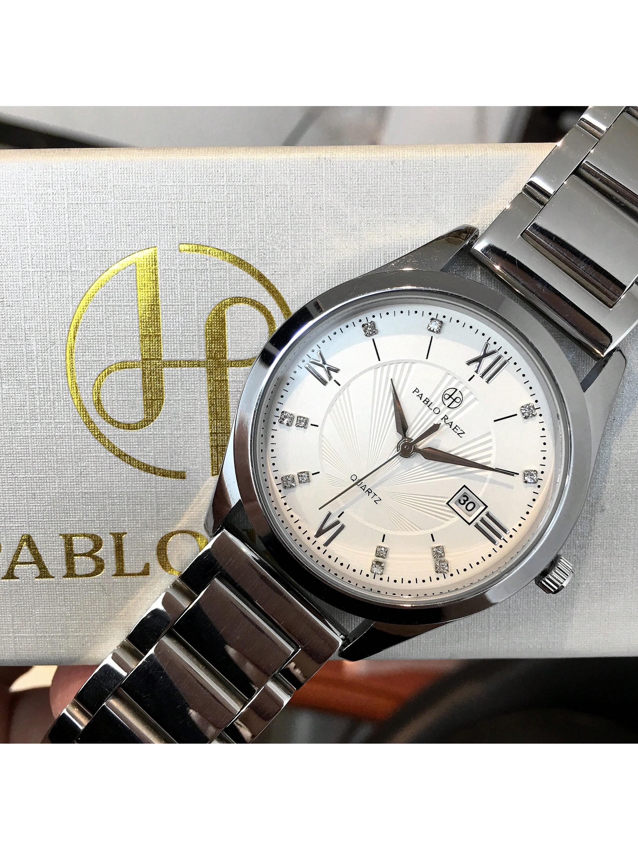 Shein - 1pc Men's Luxurious Style Wristwatch, Silver Stainless Steel Case, White Roman Numeral Dial With Rhinestone Watch