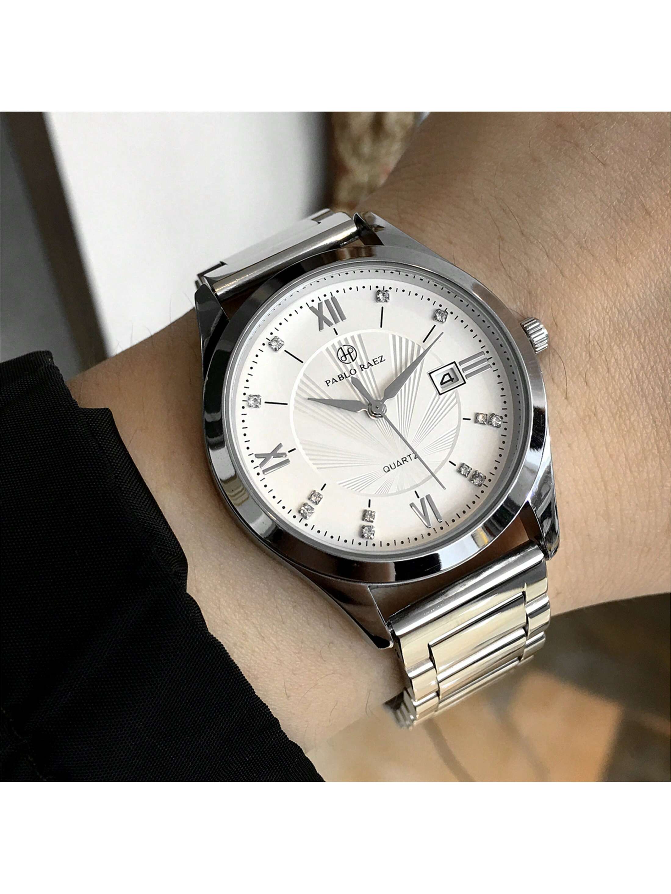 Shein - 1pc Men's Luxurious Style Wristwatch, Silver Stainless Steel Case, White Roman Numeral Dial With Rhinestone Watch