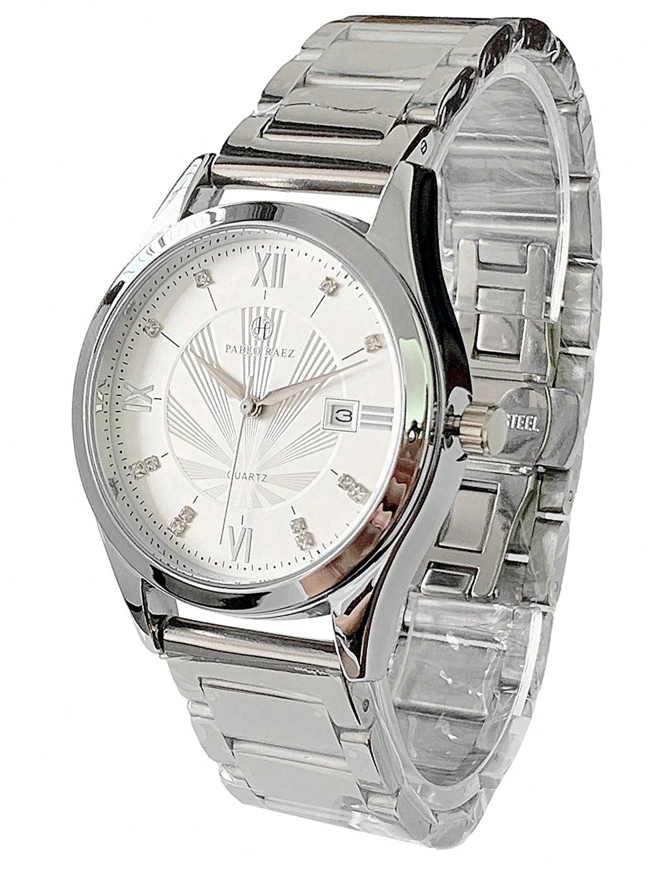 Shein - 1pc Men's Luxurious Style Wristwatch, Silver Stainless Steel Case, White Roman Numeral Dial With Rhinestone Watch