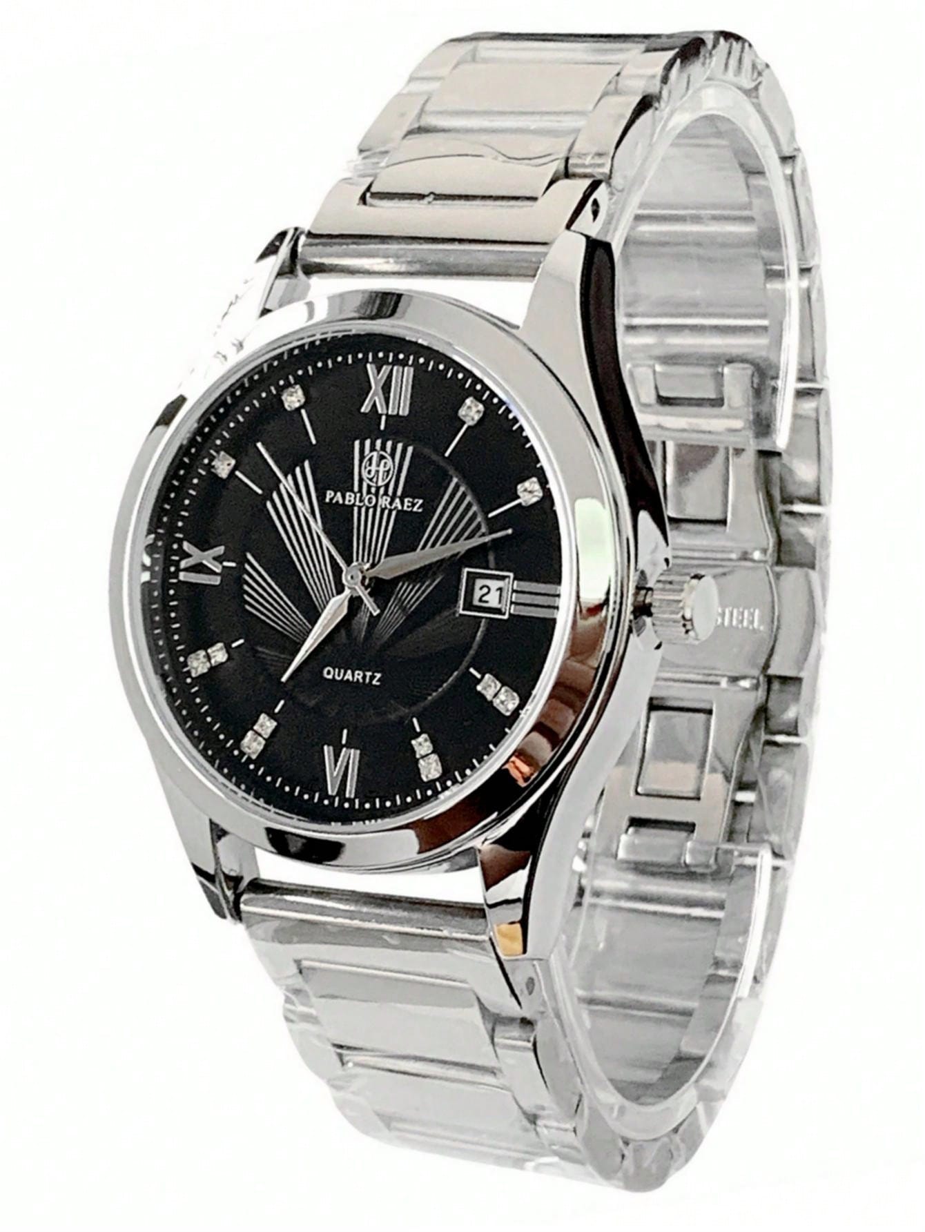 Shein - 1pc Men's Luxurious Style Wristwatch, Silver Stainless Steel Case, White Roman Numeral Dial With Rhinestone Watch