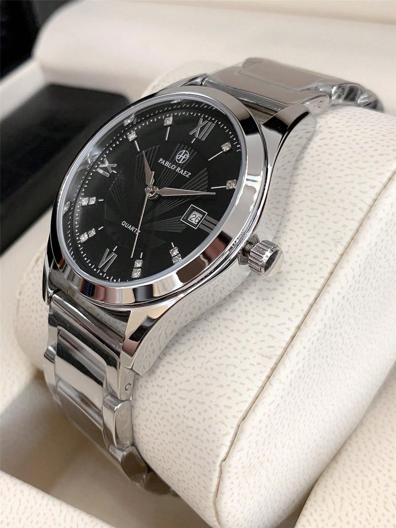 Shein - 1pc Men's Luxurious Style Wristwatch, Silver Stainless Steel Case, White Roman Numeral Dial With Rhinestone Watch