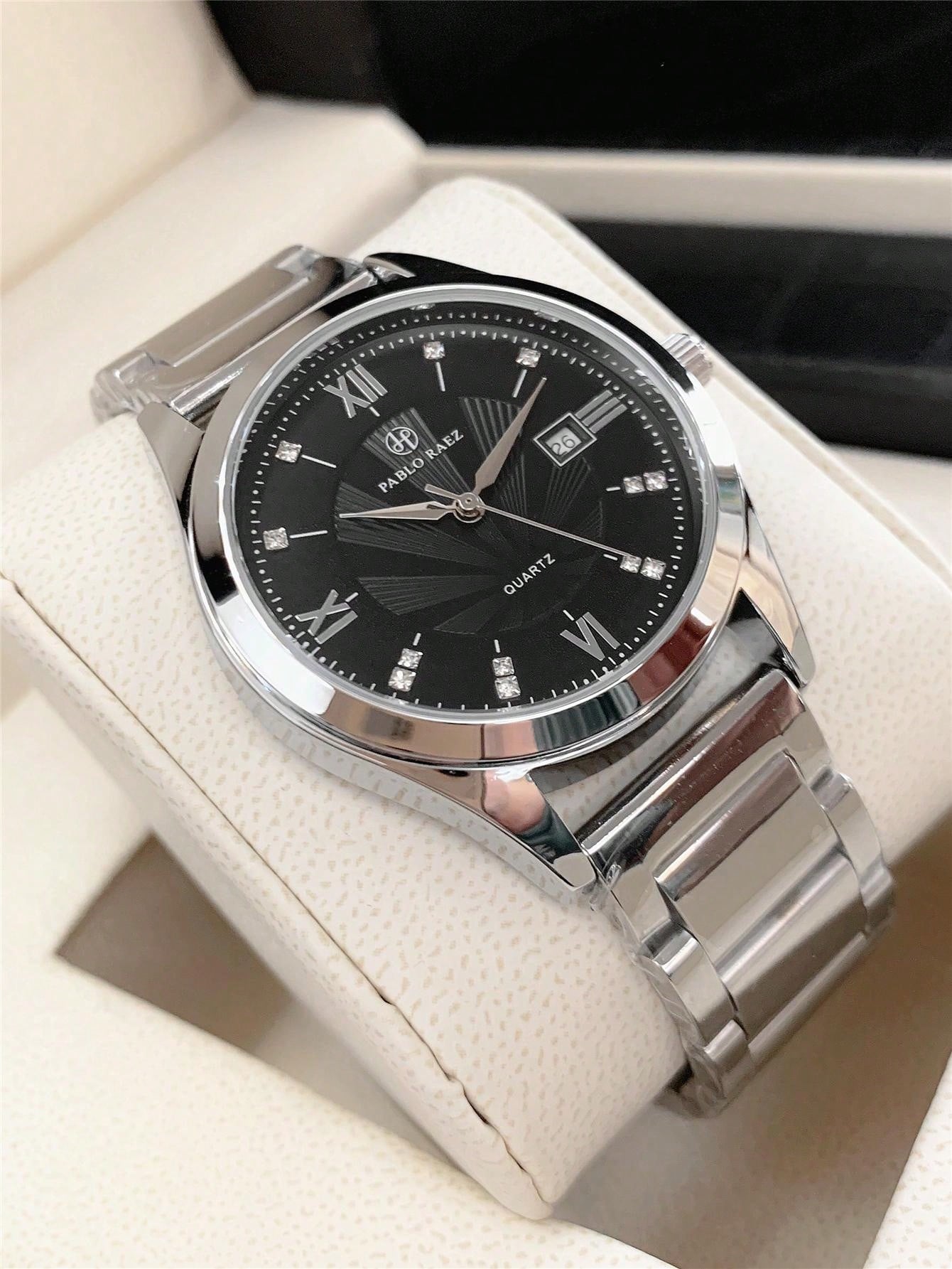 Shein - 1pc Men's Luxurious Style Wristwatch, Silver Stainless Steel Case, White Roman Numeral Dial With Rhinestone Watch