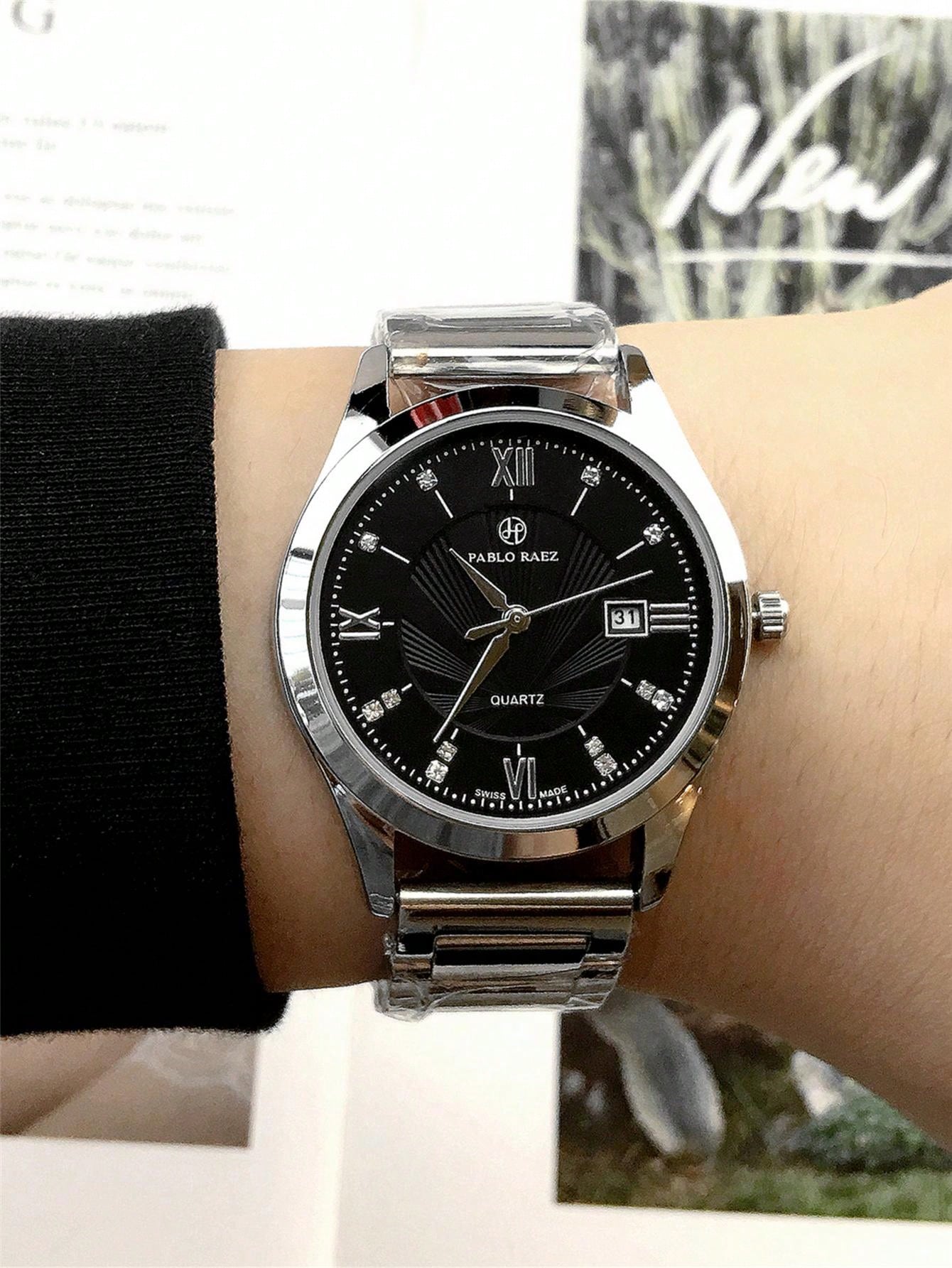Shein - 1pc Men's Luxurious Style Wristwatch, Silver Stainless Steel Case, White Roman Numeral Dial With Rhinestone Watch