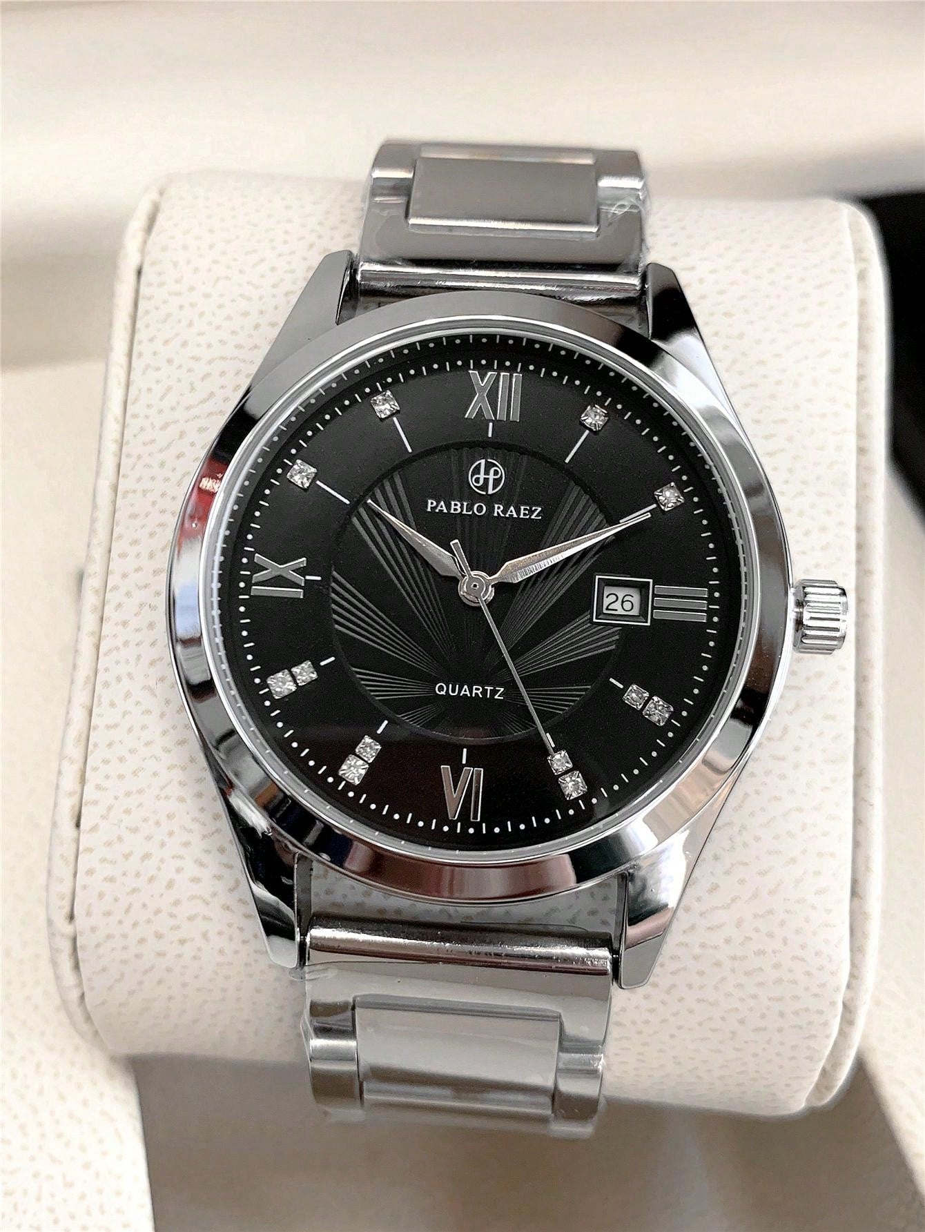 Shein - 1pc Men's Luxurious Style Wristwatch, Silver Stainless Steel Case, White Roman Numeral Dial With Rhinestone Watch
