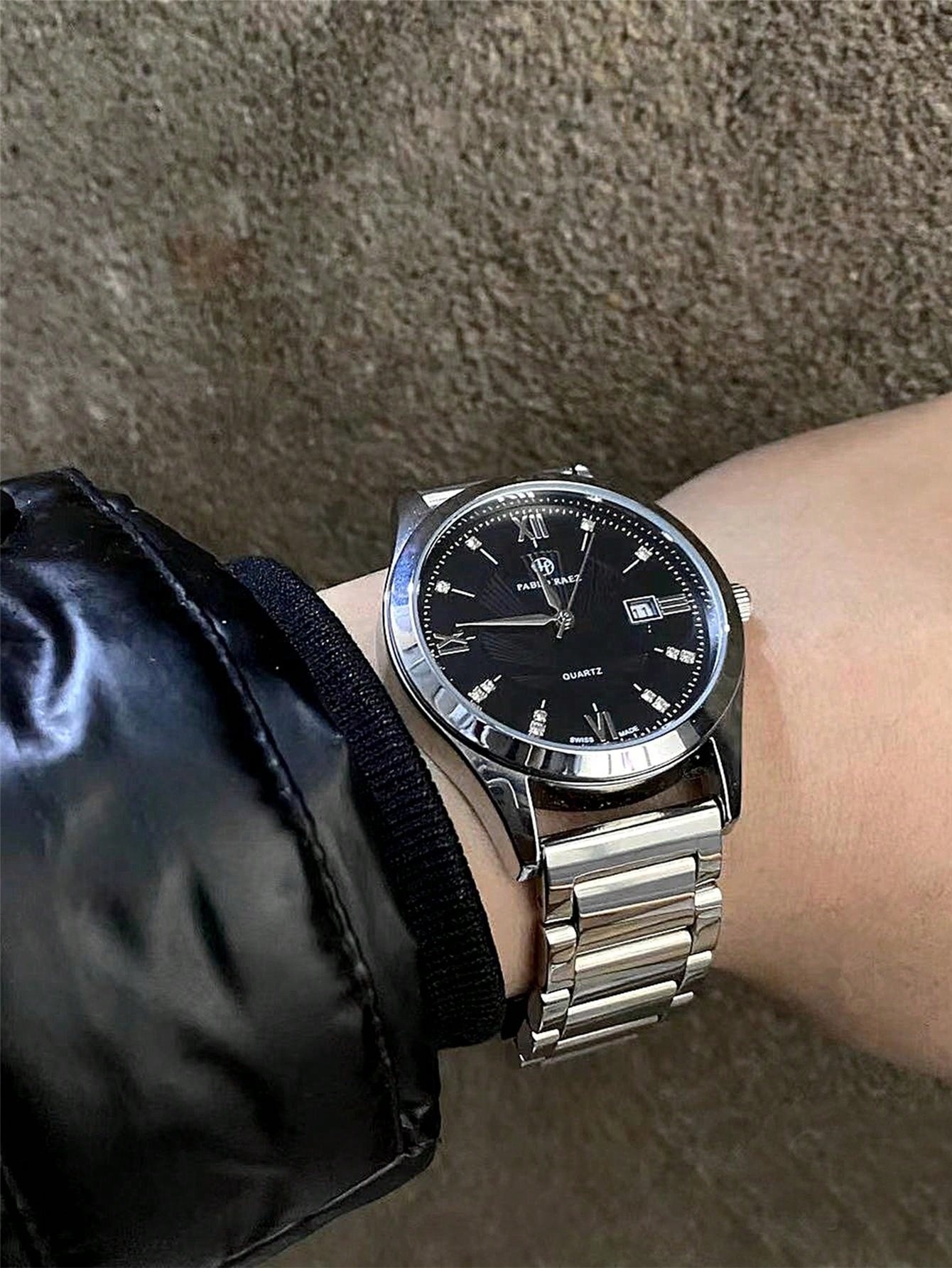 Shein - 1pc Men's Luxurious Style Wristwatch, Silver Stainless Steel Case, White Roman Numeral Dial With Rhinestone Watch