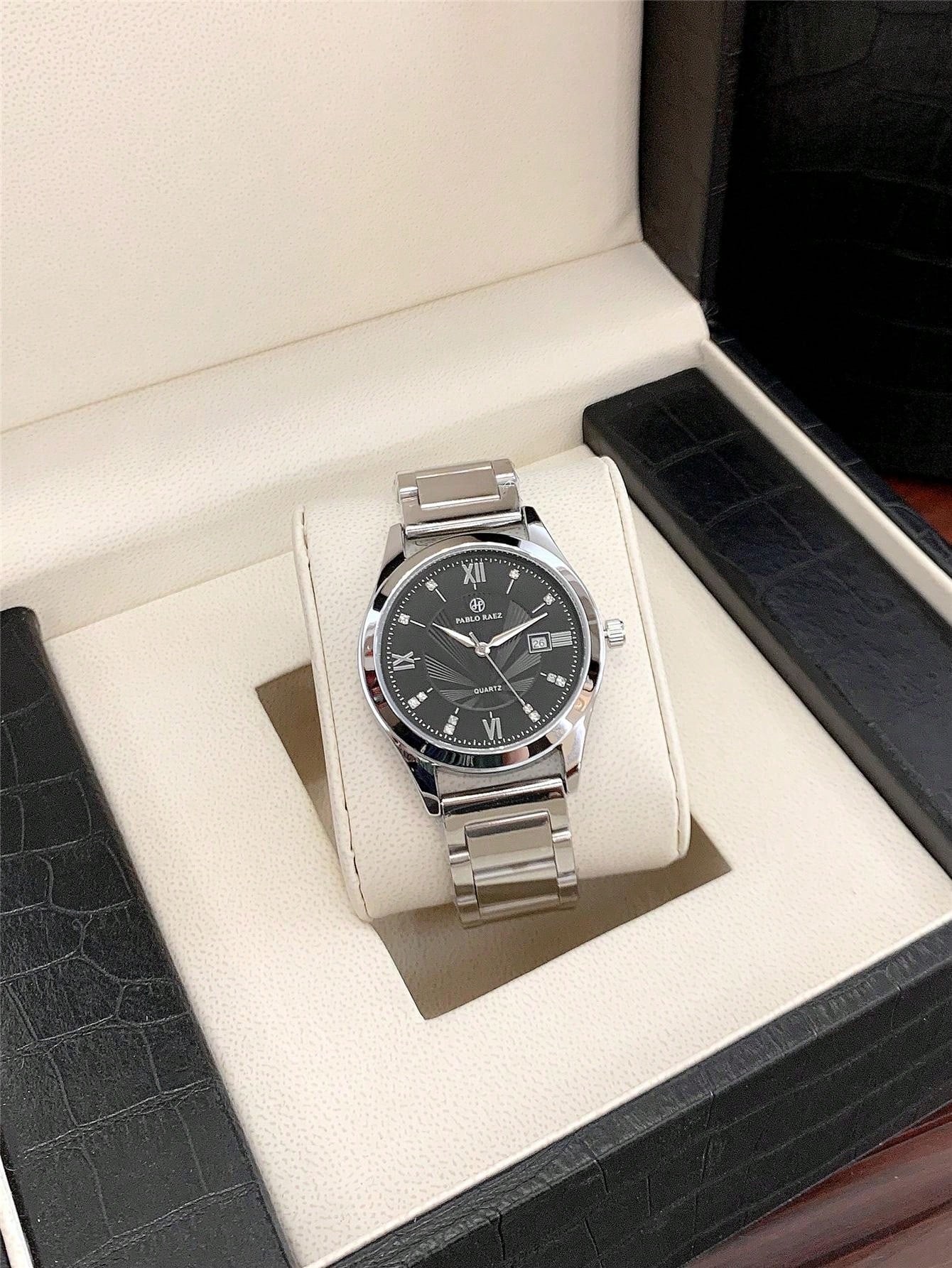 Shein - 1pc Men's Luxurious Style Wristwatch, Silver Stainless Steel Case, White Roman Numeral Dial With Rhinestone Watch