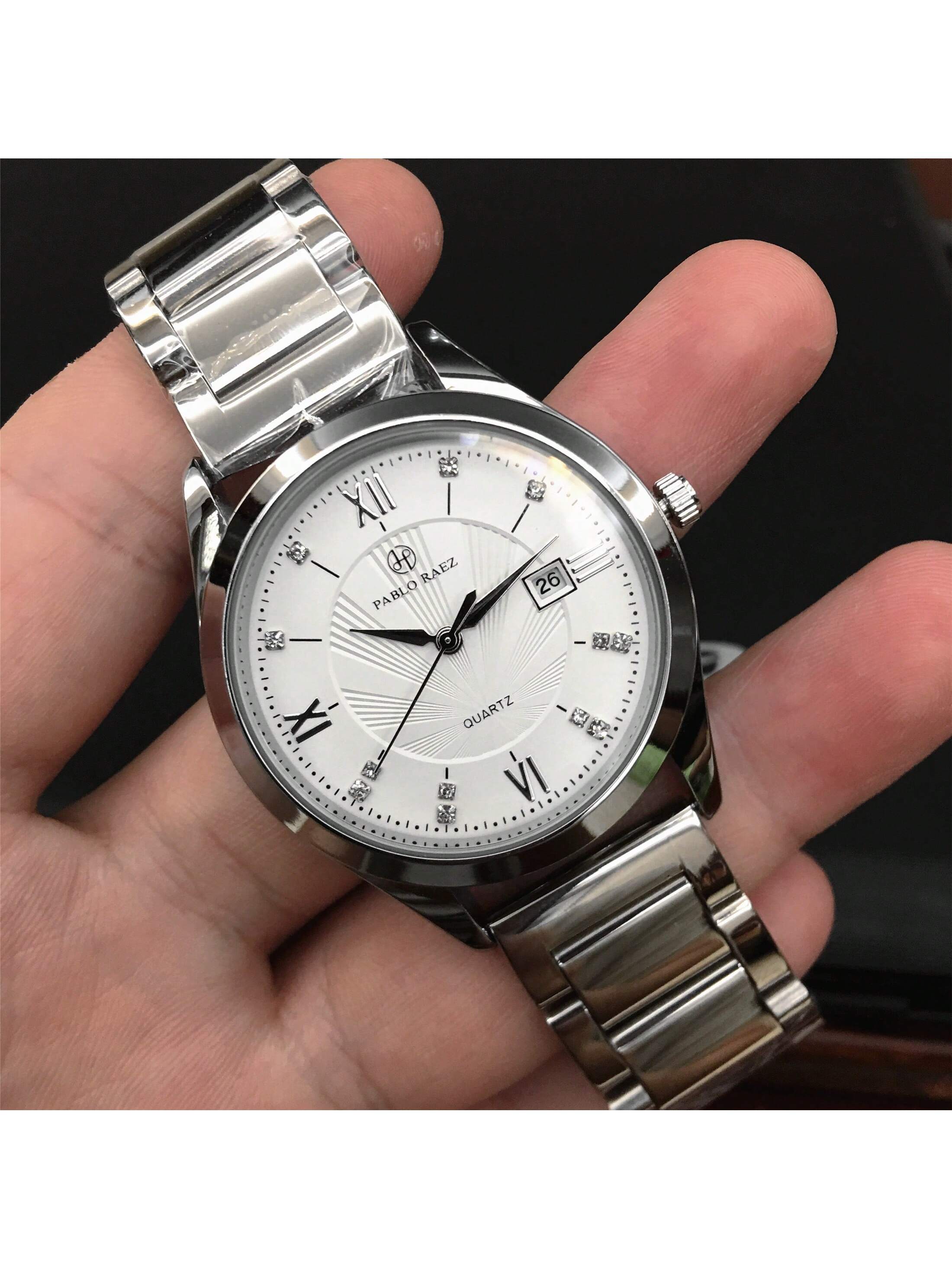 Shein - 1pc Men's Luxurious Style Wristwatch, Silver Stainless Steel Case, White Roman Numeral Dial With Rhinestone Watch