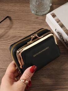 Shein - Black Letter Women Wallets Short Pu Leather Purses Zipper & Hasp Purse