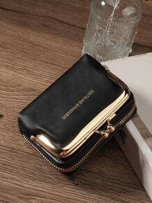 Shein - Black Letter Women Wallets Short Pu Leather Purses Zipper & Hasp Purse