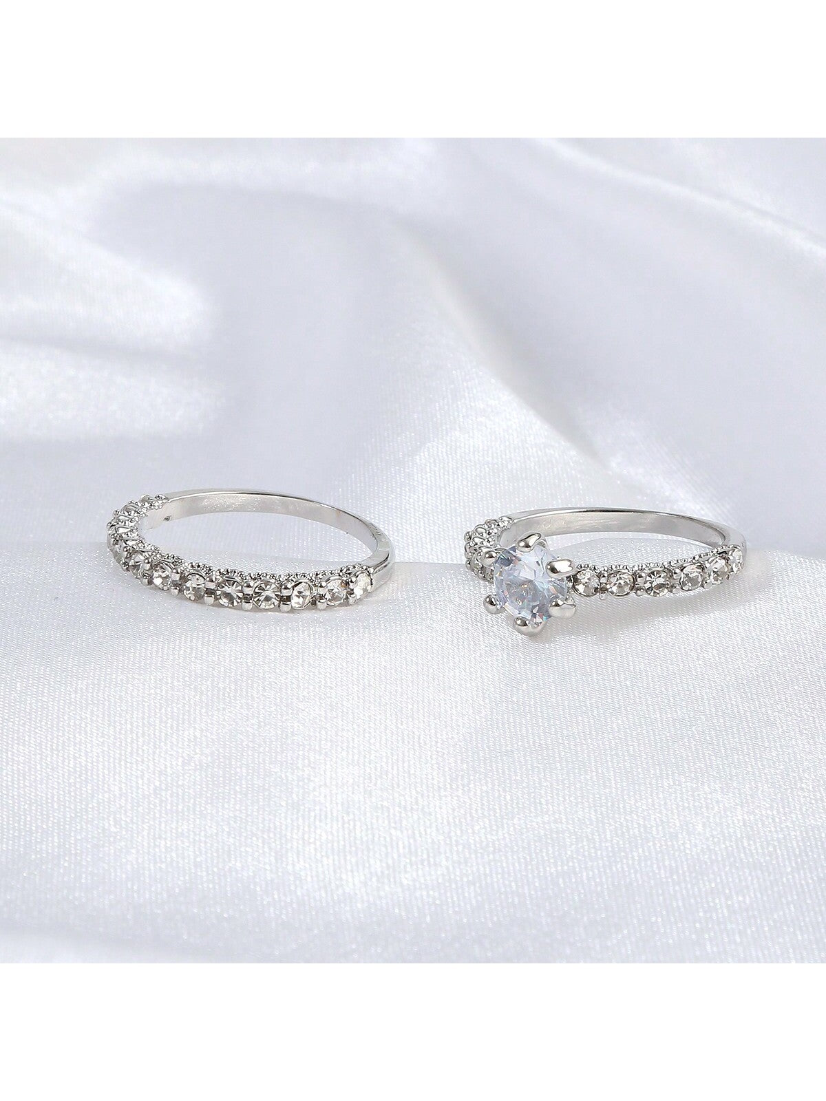 Shein - 1Pair European & American Style 2-In-1 Rhinestone Inlaid Ring Suitable For Bridal Wedding