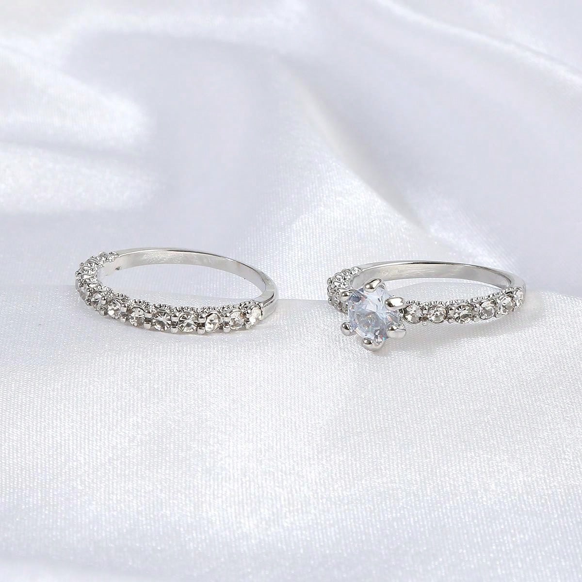 Shein - 1Pair European & American Style 2-In-1 Rhinestone Inlaid Ring Suitable For Bridal Wedding