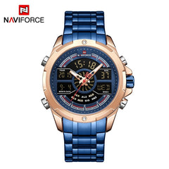 Naviforce- Nf9170 Led Display Metal Case Dual Display Watch Business Style Men Digital Watch Golden Blue