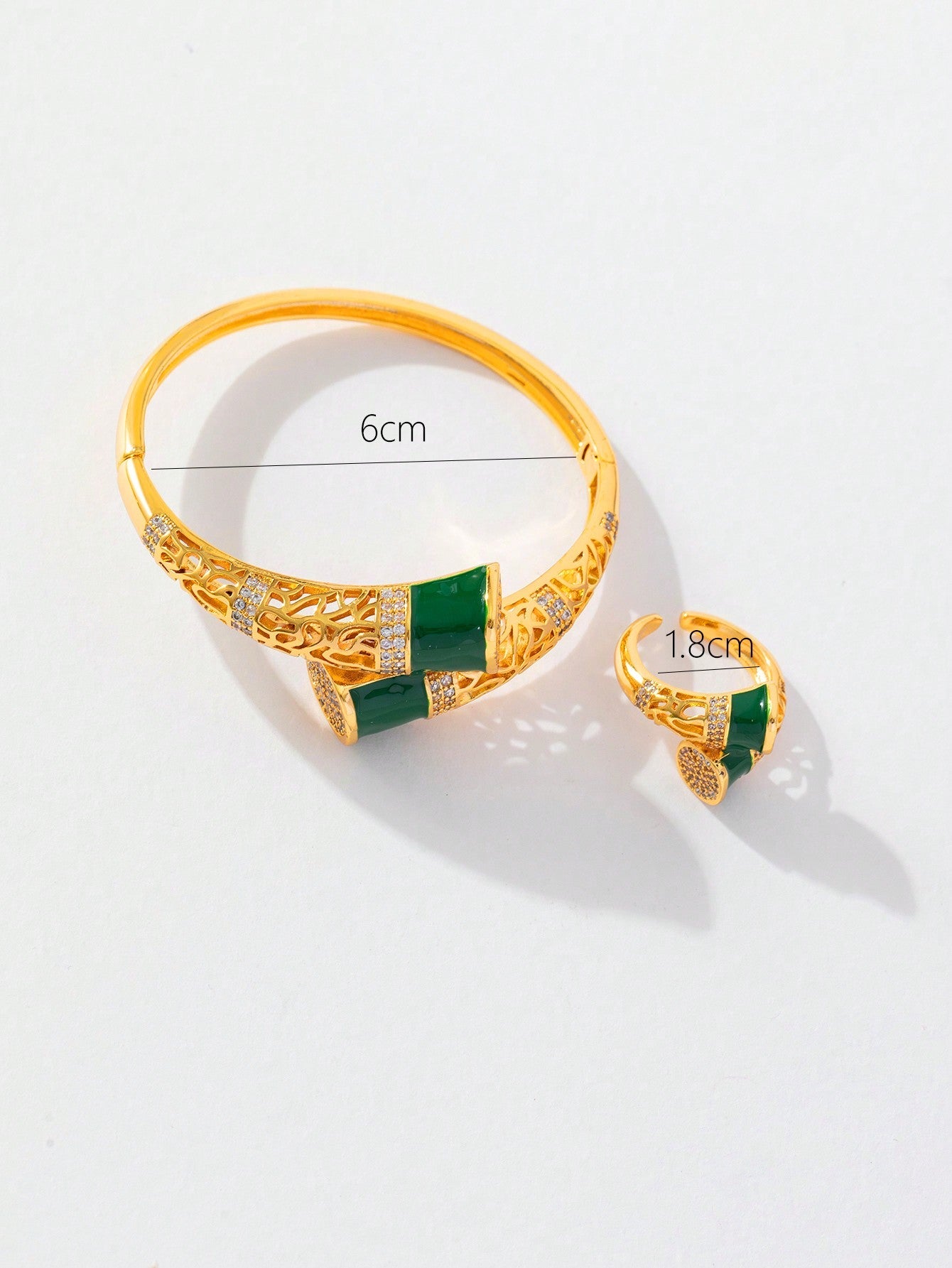 Shein - 2Pcs/Set Fashion Cubic Zirconia Bracelet Jewelry Set, Green Drip Set Decorated Copper Gold Bangles And Rings Can Be Opened, Suitable For Women To Wear Wedding Gifts For Daily Gatheringsper