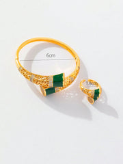 Shein - 2Pcs/Set Fashion Cubic Zirconia Bracelet Jewelry Set, Green Drip Set Decorated Copper Gold Bangles And Rings Can Be Opened, Suitable For Women To Wear Wedding Gifts For Daily Gatheringsper