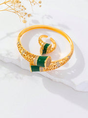 Shein - 2Pcs/Set Fashion Cubic Zirconia Bracelet Jewelry Set, Green Drip Set Decorated Copper Gold Bangles And Rings Can Be Opened, Suitable For Women To Wear Wedding Gifts For Daily Gatheringsper