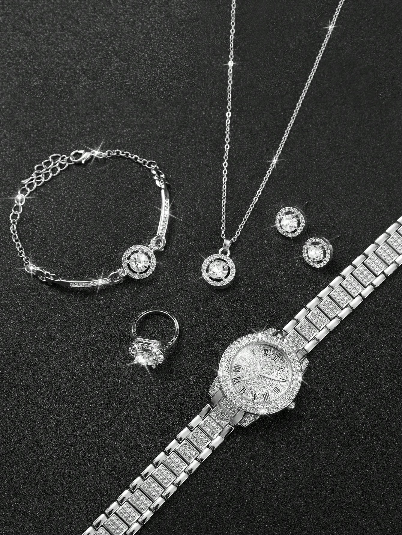 Shein - Women's Steel Strap Fashionable Simple Quartz Wristwatch With Roman Dial & Rhinestone And Large Rhinestone Jewelry Set (6pcs/set)