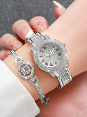 Shein - Women's Steel Strap Fashionable Simple Quartz Wristwatch With Roman Dial & Rhinestone And Large Rhinestone Jewelry Set (6pcs/set)