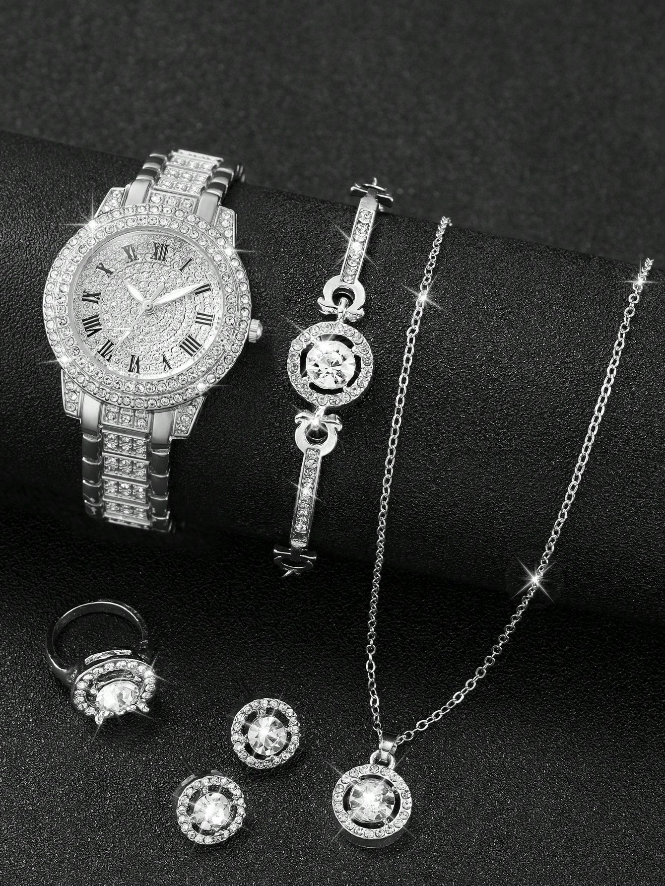 Shein - Women's Steel Strap Fashionable Simple Quartz Wristwatch With Roman Dial & Rhinestone And Large Rhinestone Jewelry Set (6pcs/set)
