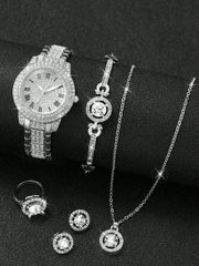 Shein - Women's Steel Strap Fashionable Simple Quartz Wristwatch With Roman Dial & Rhinestone And Large Rhinestone Jewelry Set (6pcs/set)