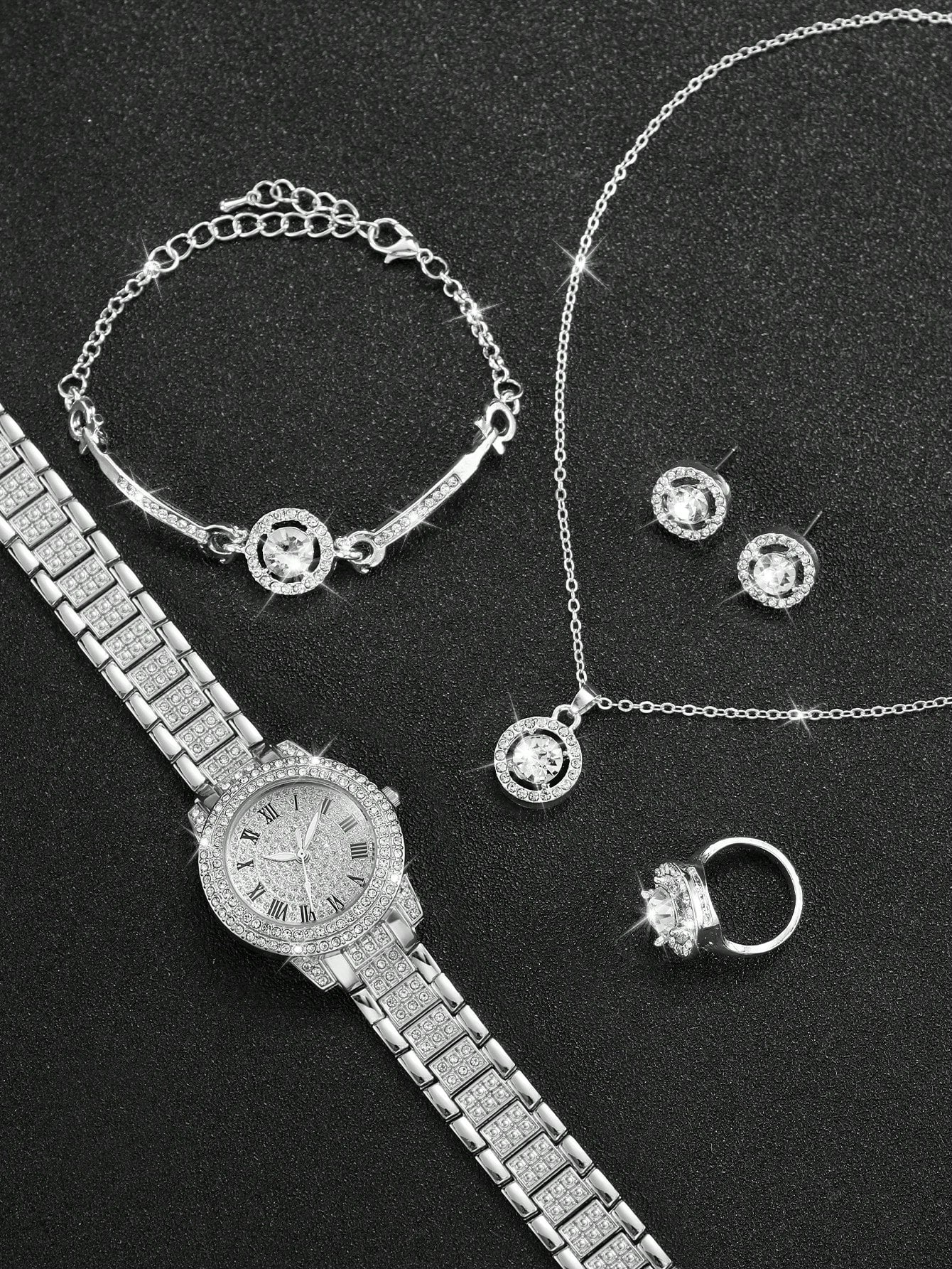 Shein - Women's Steel Strap Fashionable Simple Quartz Wristwatch With Roman Dial & Rhinestone And Large Rhinestone Jewelry Set (6pcs/set)