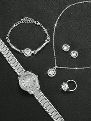 Shein - Women's Steel Strap Fashionable Simple Quartz Wristwatch With Roman Dial & Rhinestone And Large Rhinestone Jewelry Set (6pcs/set)
