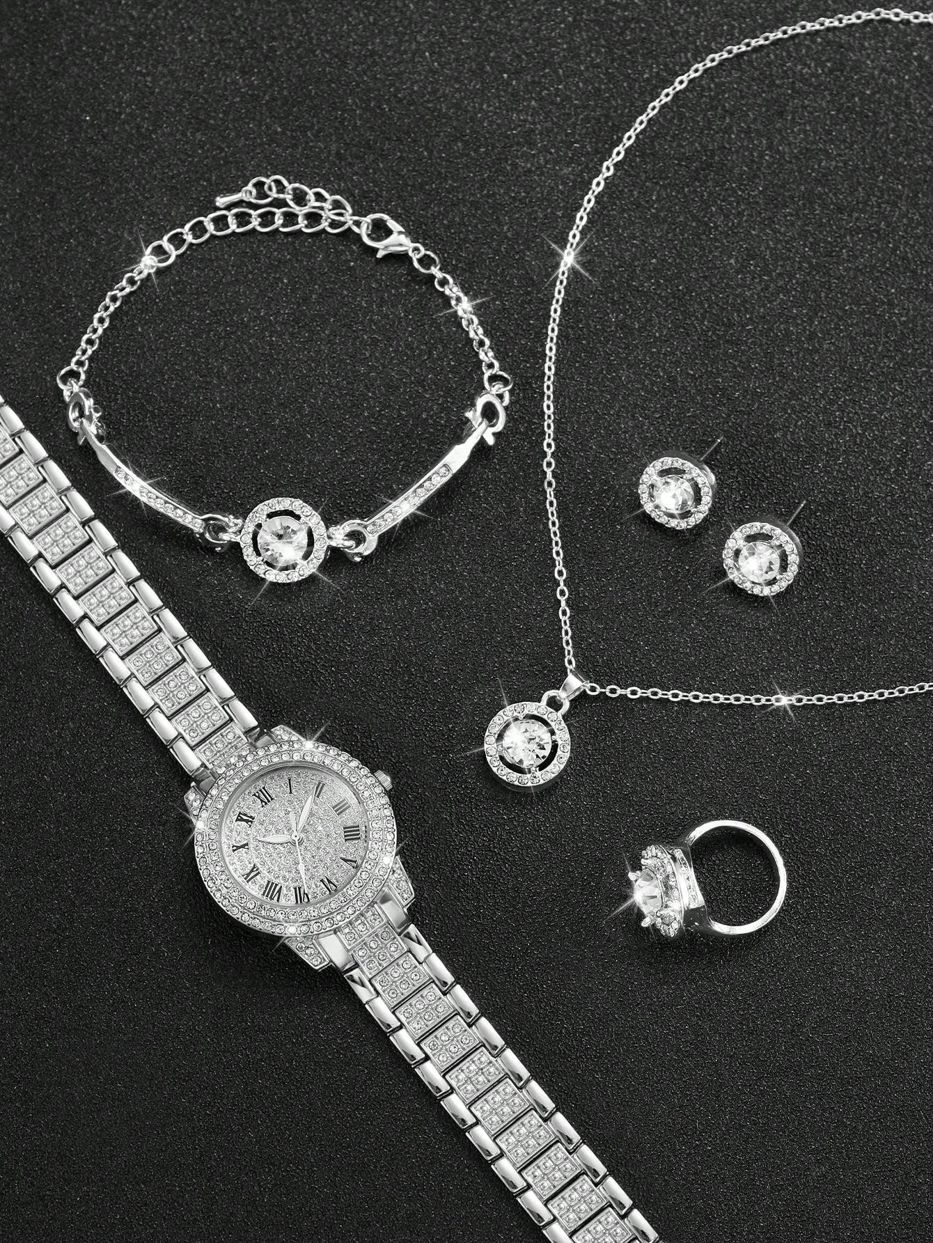 Shein - Women's Steel Strap Fashionable Simple Quartz Wristwatch With Roman Dial & Rhinestone And Large Rhinestone Jewelry Set (6pcs/set)