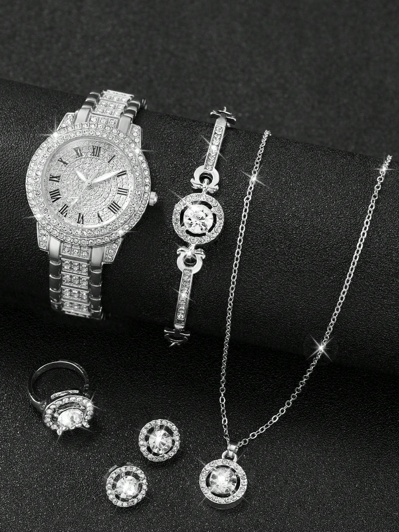 Shein - Women's Steel Strap Fashionable Simple Quartz Wristwatch With Roman Dial & Rhinestone And Large Rhinestone Jewelry Set (6pcs/set)