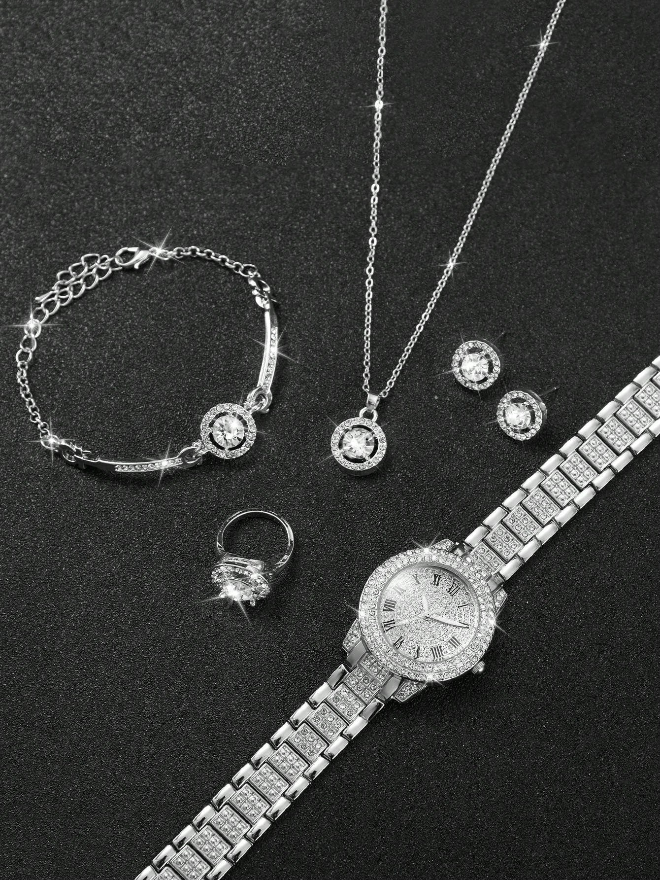 Shein - Women's Steel Strap Fashionable Simple Quartz Wristwatch With Roman Dial & Rhinestone And Large Rhinestone Jewelry Set (6pcs/set)