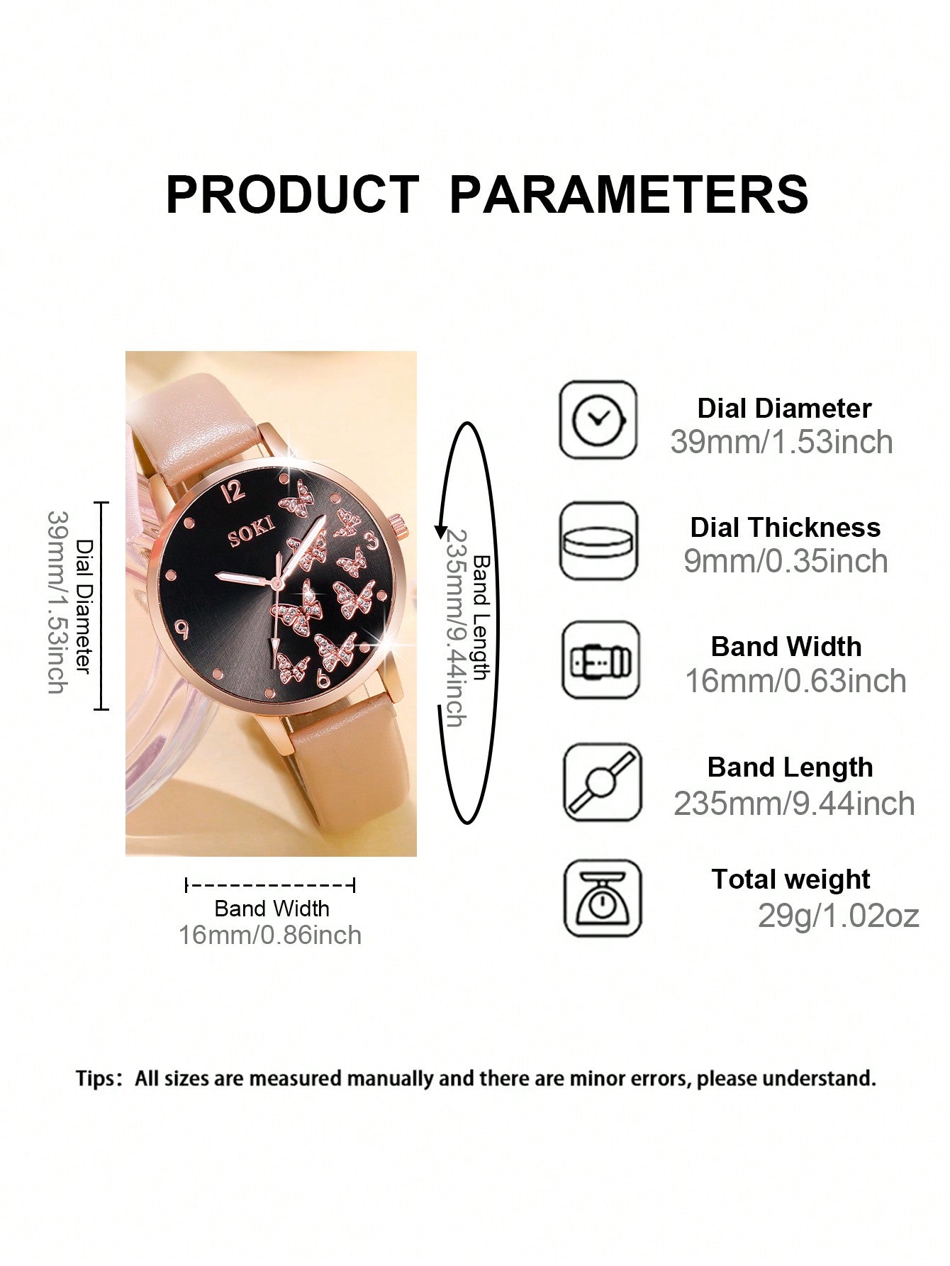 Shein - 1pc Ladies' Simple Quartz Watch With Beige Pu Strap & Butterfly Printed Dial, And 5pcs/set Bracelet Accessory Kit