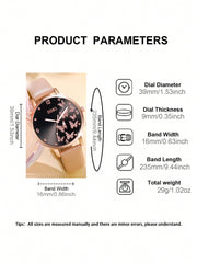 Shein - 1pc Ladies' Simple Quartz Watch With Beige Pu Strap & Butterfly Printed Dial, And 5pcs/set Bracelet Accessory Kit