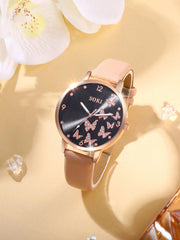 Shein - 1pc Ladies' Simple Quartz Watch With Beige Pu Strap & Butterfly Printed Dial, And 5pcs/set Bracelet Accessory Kit