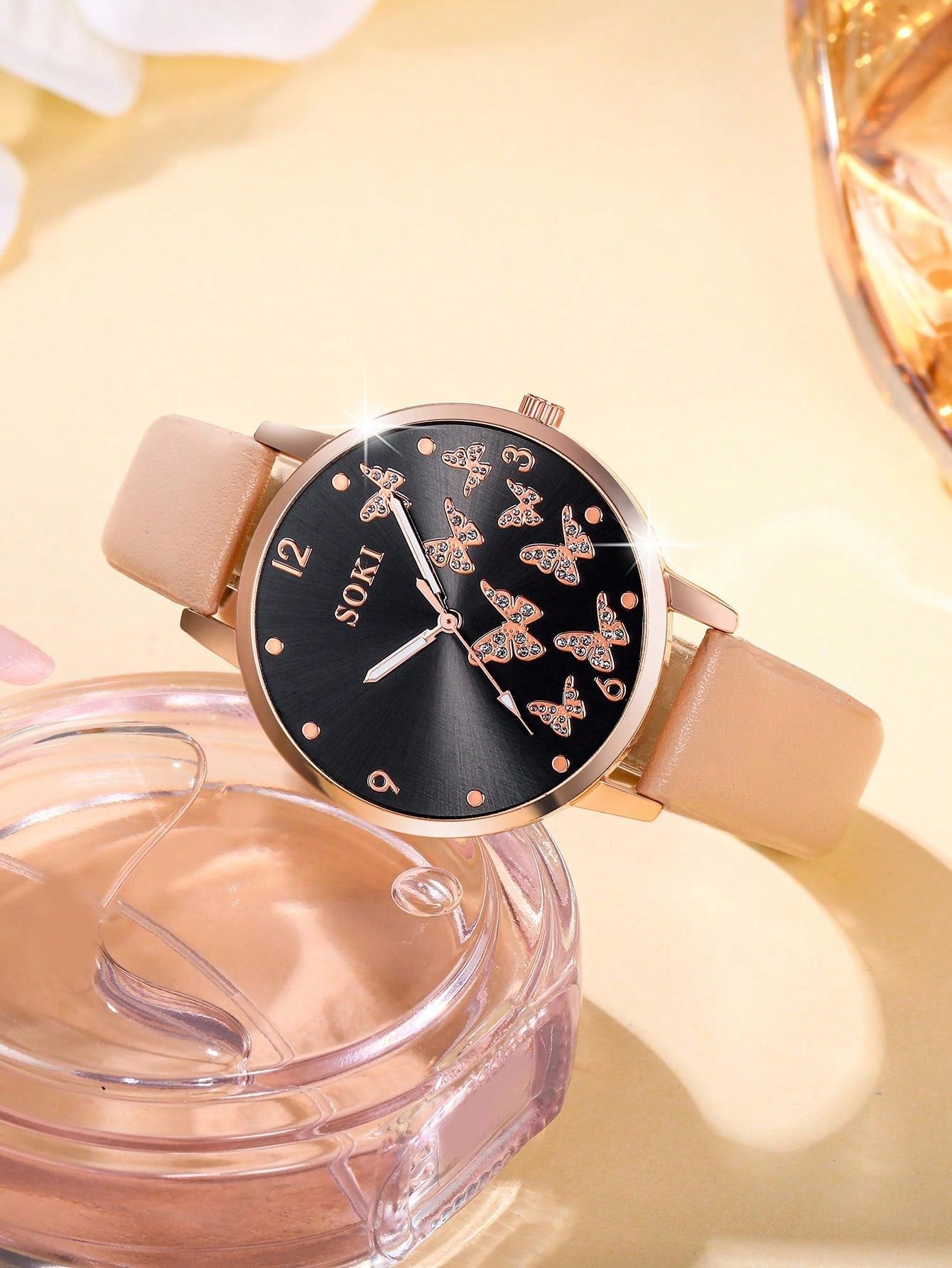 Shein - 1pc Ladies' Simple Quartz Watch With Beige Pu Strap & Butterfly Printed Dial, And 5pcs/set Bracelet Accessory Kit