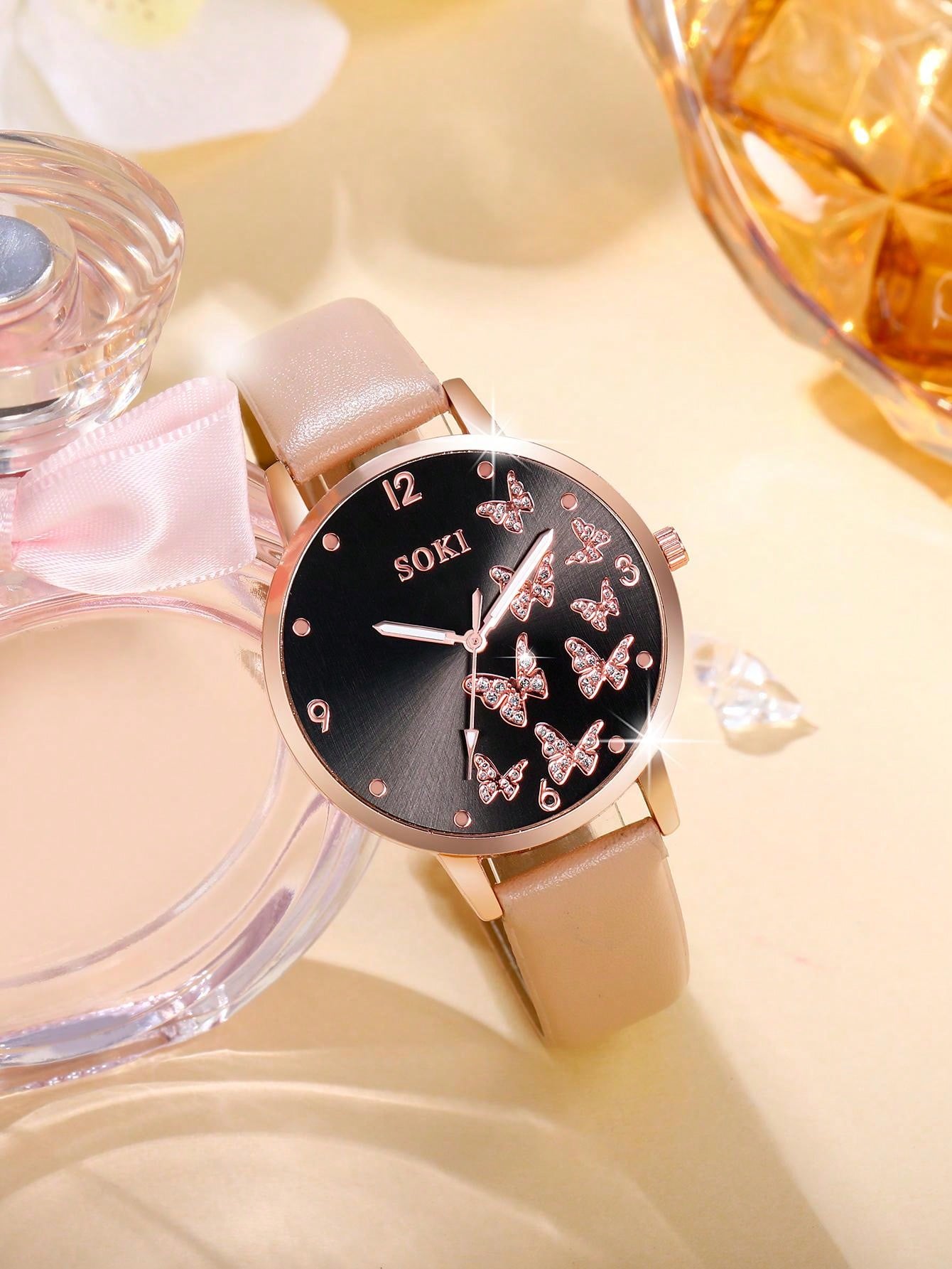 Shein - 1pc Ladies' Simple Quartz Watch With Beige Pu Strap & Butterfly Printed Dial, And 5pcs/set Bracelet Accessory Kit