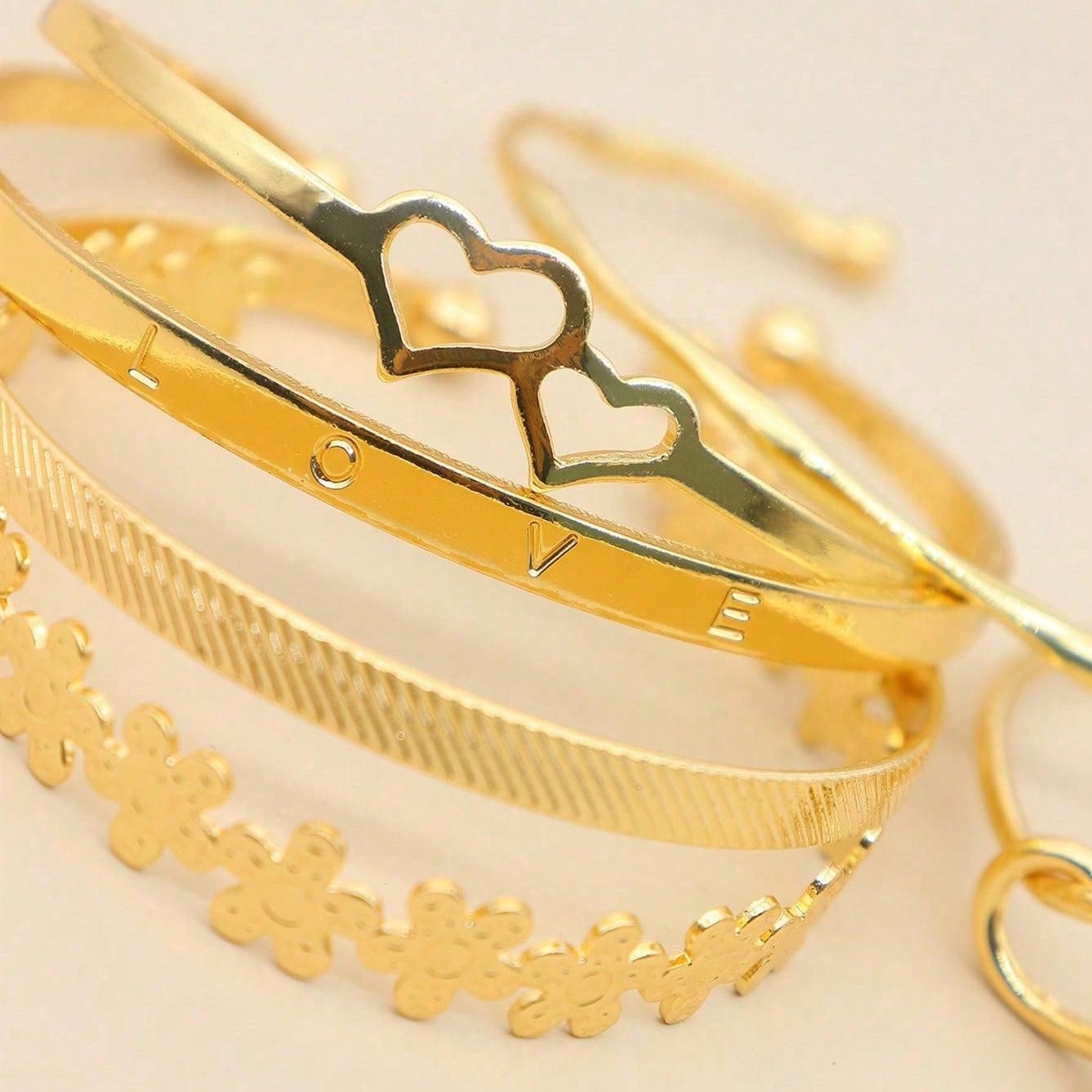 Shein - 6pcs/set Personality Love & Flower & Om & Uppercut Ring Shaped Creative Stainless Steel Bangle, Mideast Gold Color