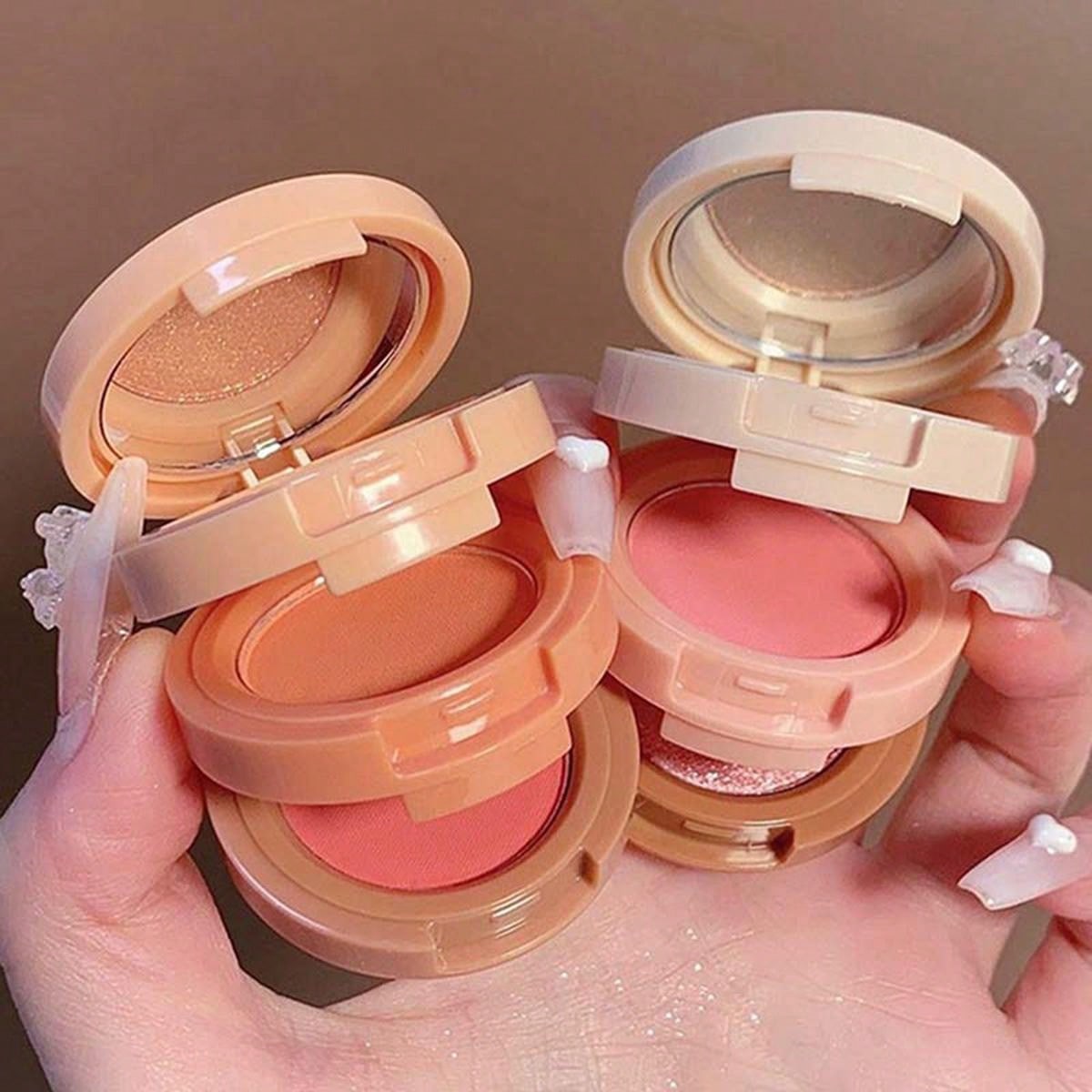 Shein - 3-Color Highlighter & Blush Palette, Shimmer Long-Lasting Matte Blush With Mirror